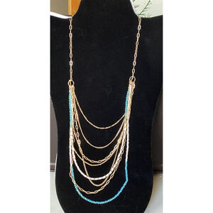 Elegant Layered Light Blue& Gold Tone Beaded Chain Necklace Statement 20”